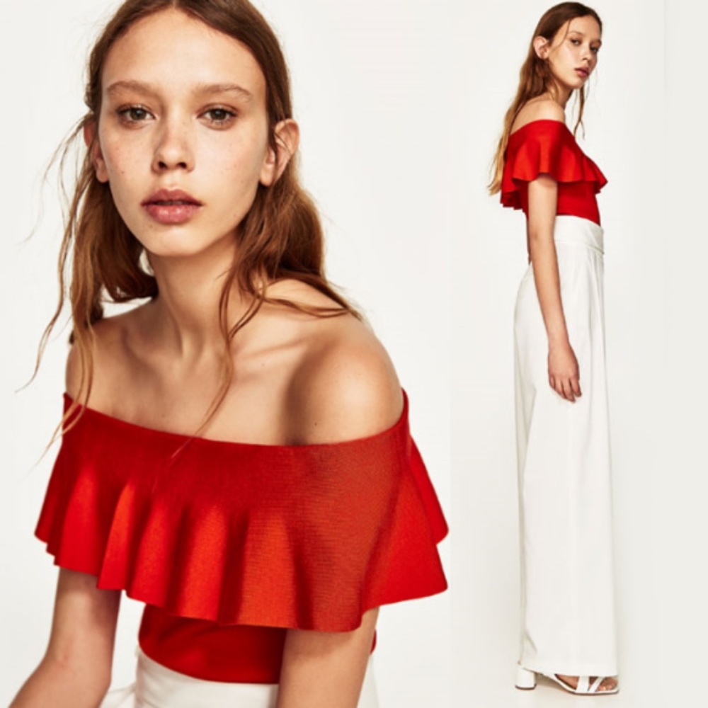 Zara Knit Off The Shoulder Ruffle Top Size S